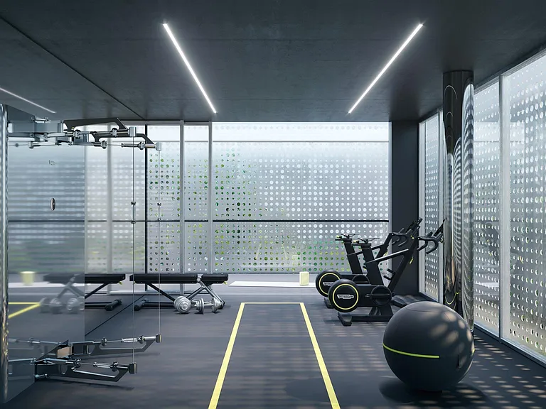 High-Performance Fitness Studio with Advanced Training Zones _ This private fitness studio is designed for peak performance, featuring premium strength and conditioning equipment, and functional training zones.