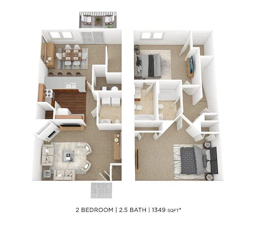Floor plan Two Bedroom 2.5 Bath Townhome- 1349 sqft