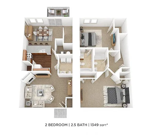 Floor plan Two Bedroom 2.5 Bath Townhome- 1349 sqft