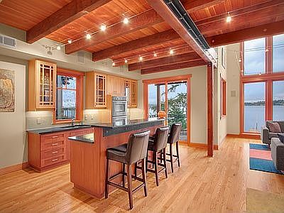 View into kitchen toward Lake Washington