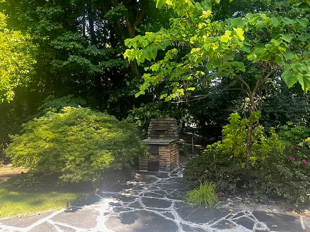 Stone Patio and original Stone Barbecue in Back Yard