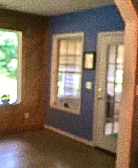 Extra living space off living room showing the door of the downstairs bedroom with fireplace.