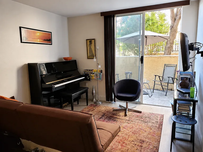 Old picture of the living room + patio - the TV mount remains in the unit but the magazine rack is gone.