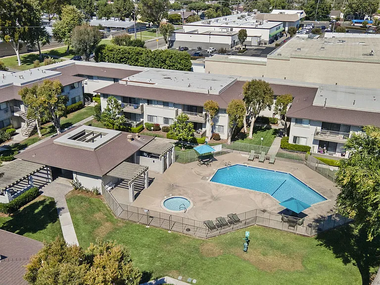 Aerial view of Strada Apartments in Orange, CA