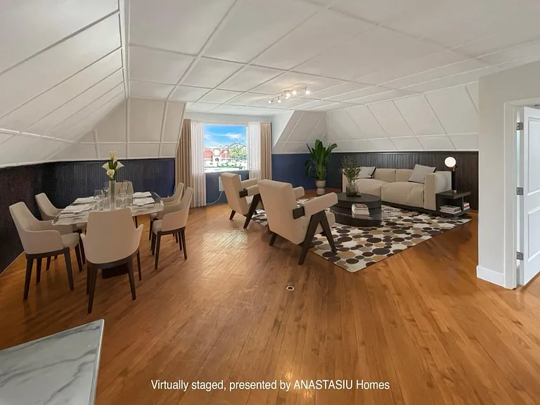 Virtyually staged living and full kitchen