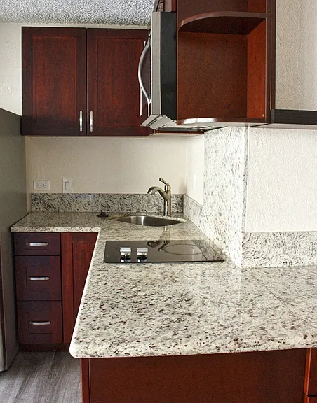 Waikiki Walina Apartments kitchen area with appliances, cabinets, and counters