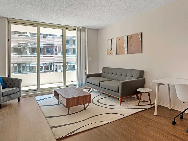Furnished+ apartment homes come outfitted with a sofa, side chair, side table, coffee table, TV stand and 50" Television (Representative Image exact items and style of furnishings may vary)