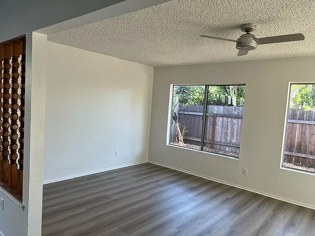 Separate downstairs family room with ceiling fan