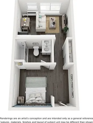 Corner studio apartment home. Has an extra transom window in the bedroom and kitchen area. Bedroom and kitchen/living space are seperated by a hallway and bathroom. Tons of kitchen cabinet space and large bathroom. 380 sqft. (does not have a dishwasher, w