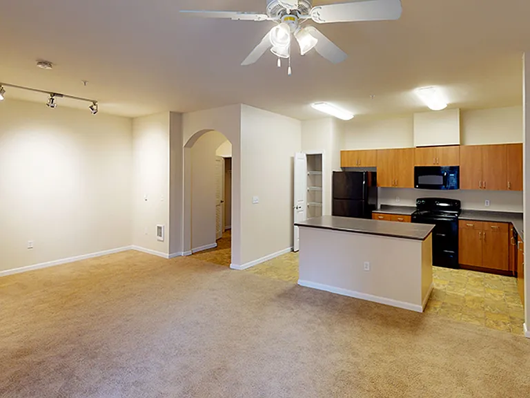 Apartment kitchen, dining and living room with plush carpet flooring.