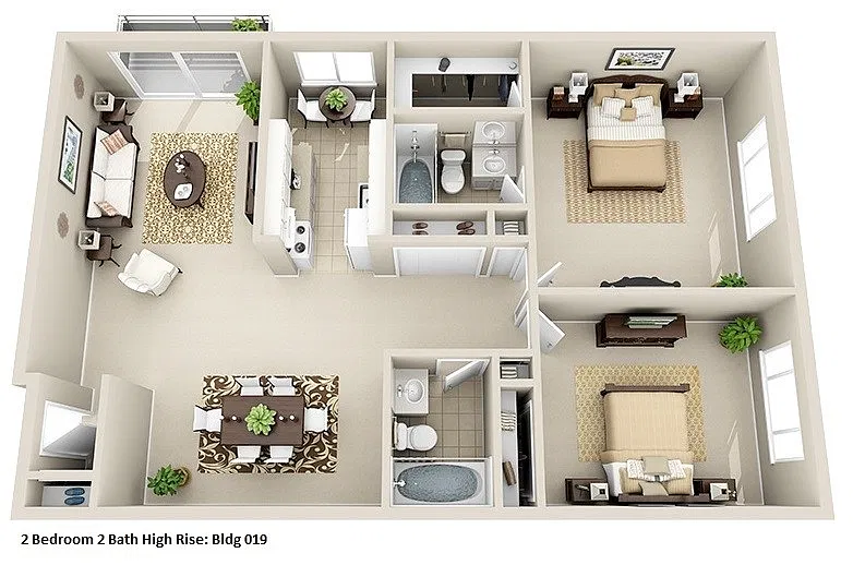 Floor plan High-Rise 2 Bedroom, 2 Bath