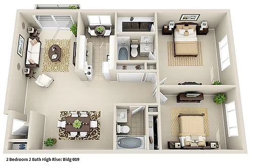 Floor plan High-Rise 2 Bedroom, 2 Bath