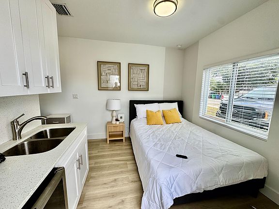 Bright private-entry studio with queen bed, Smart TV, kitchenette, sink, burner, mini fridge, microwave, and large window