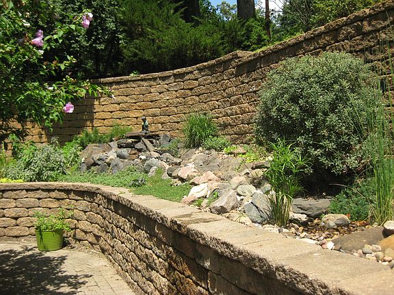 Water feature, paved patio