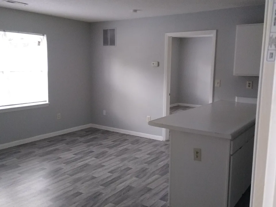Renovated Living space with grey wood-inspired flooring