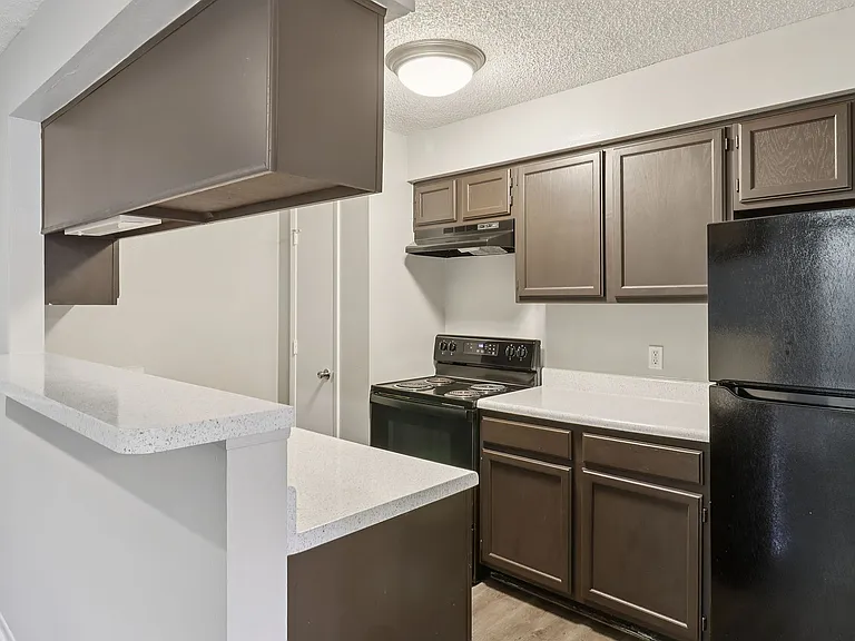 Modern kitchen with sleek brown cabinetry, elegant countertops, and black appliances.