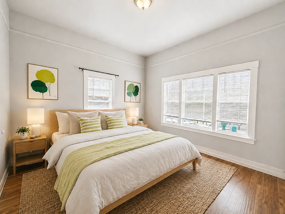 Bedroom 1 
Spacious, sunlit bedroom with warm hardwood floors and calming designer touches_plenty of room for a full setup.