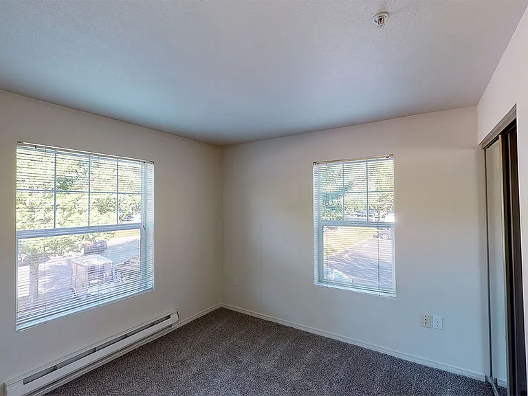 Spacious apartment bedroom with plush carpet flooring.