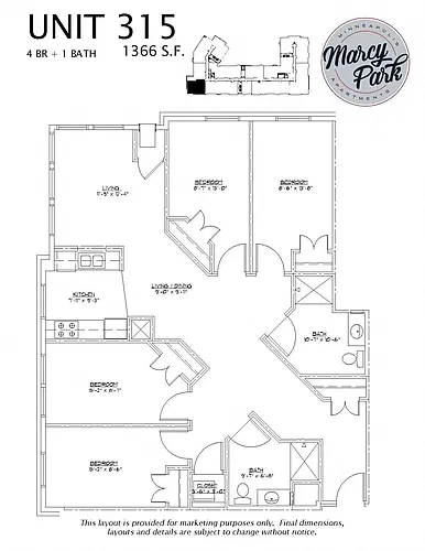Floor plan 4 Bedrooms 2 Bath (315)