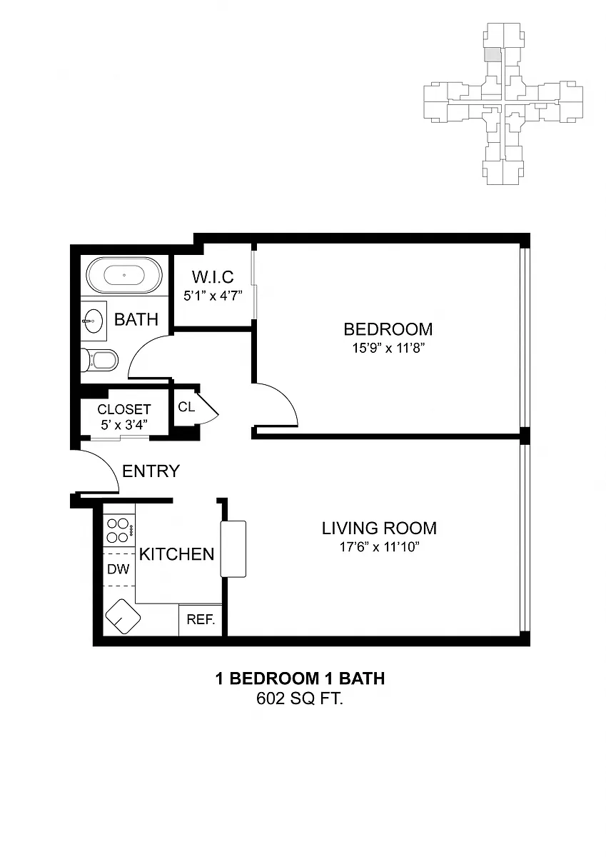Floor plan 1 Bdrm 602 Sq Ft