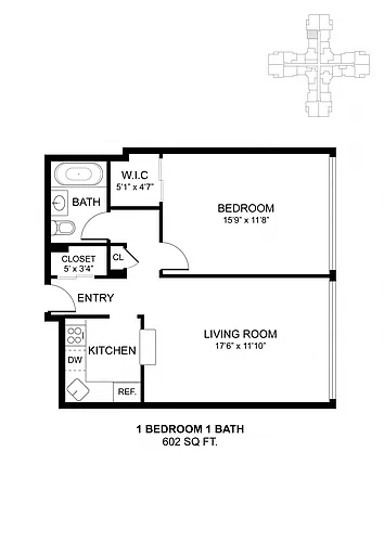 Floor plan 1 Bdrm 602 Sq Ft