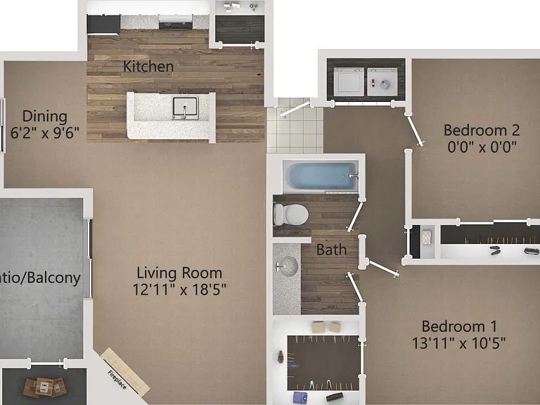 Modern floor plan showcasing a spacious living room with fireplace, two bedrooms, a contemporary kitchen, and a private patio. Modern floor plan showcasing a spacious living room with fireplace, two bedrooms, a contemporary kitchen, and a private patio.