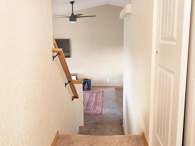 Main Hallway view with Hall Closet and shelving - Tri Level. Landings are no longer carpet but new carpet is on stair treads.
