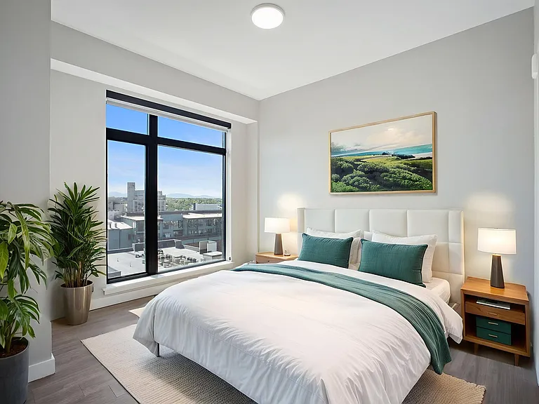 Wake up to a stunning city view from the bedroom's large window.