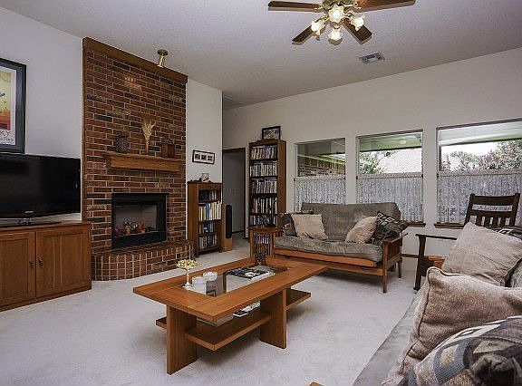 Open living room with fireplace