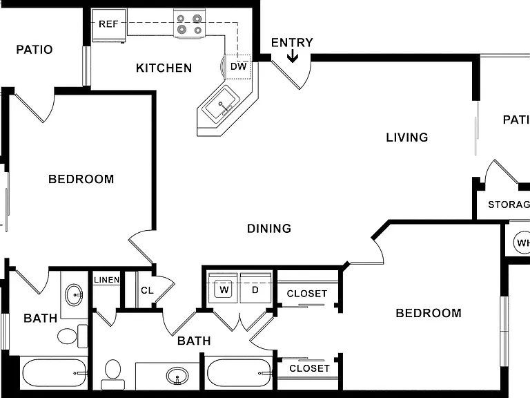 2 BD / 2 BA, 913-928 SF