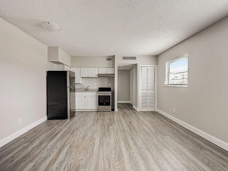 Bright and modern kitchen area with sleek stainless steel appliances, inviting wood-look flooring, and abundant natural light.