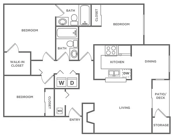 Floor plan Three Bedroom Two Bath (1108 SF)
