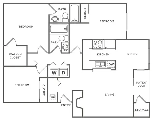 Floor plan Three Bedroom Two Bath (1108 SF)