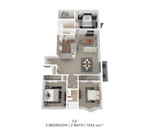Floor plan Three Bed Two Bath 1342 Sqft
