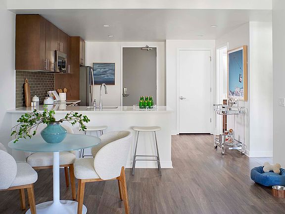 Apartment kitchen with wood style floor and stainless steel appliances.