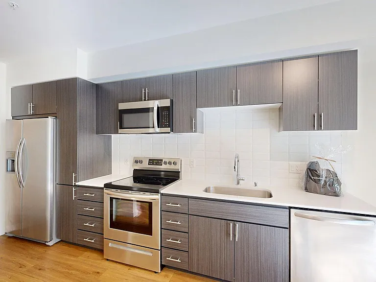 Apartment Kitchen with Stainless Steel Appliances and Wood-Style Flooring.