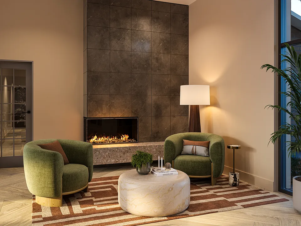 Inviting social lounge with fireplace and comfortable seating