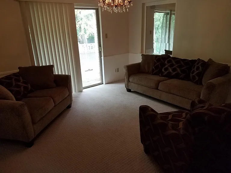The Living Room has a large T.V. ( not shown). The slide door opens to the wooden back yard.