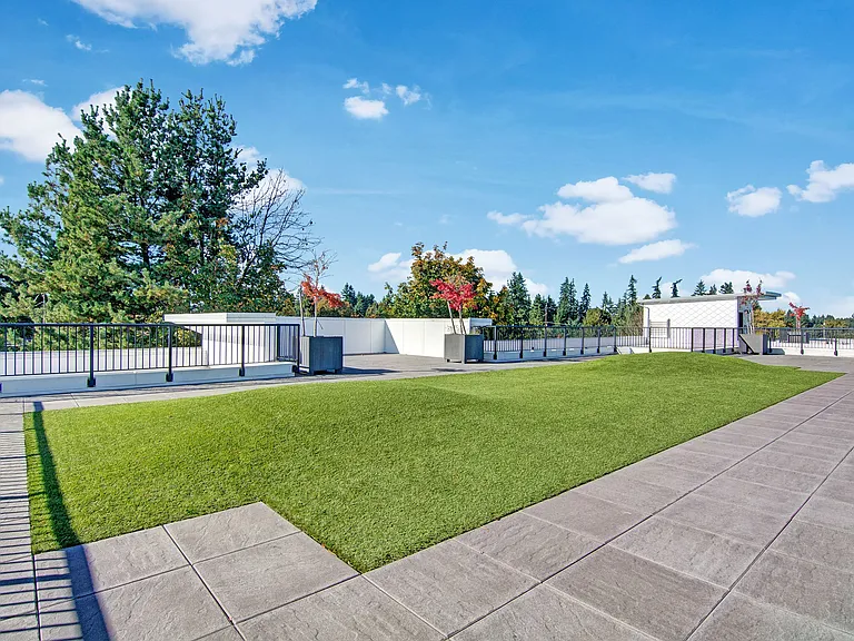 Shared rooftop space with a green patch and small garden