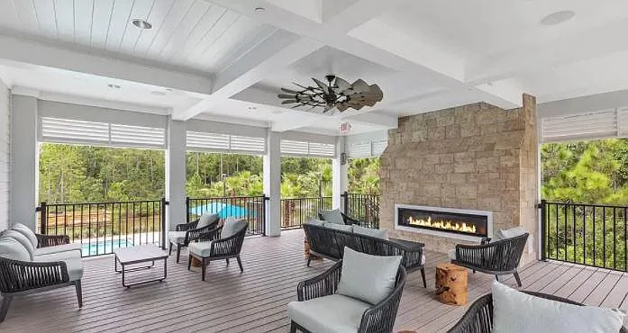 Amenities Center 2nd floor outdoor area w/ large fireplace