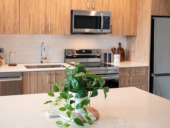 Kitchen with oak cabinetry, stainless-steel appliances, hard-surface flooring and granite countertops