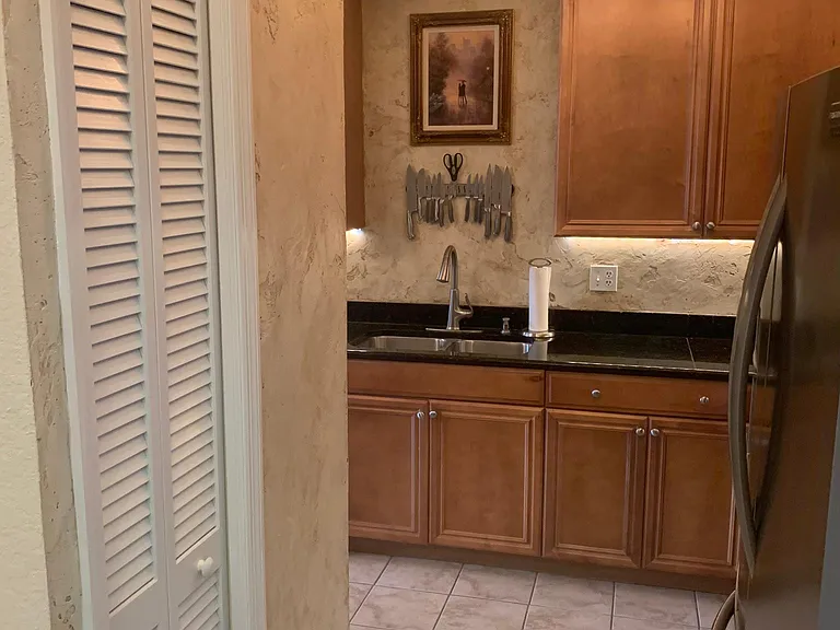 Kitchen Pantry on left with Fridge on right and sink ahead