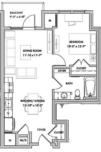 Floor plan Mansions 1 1 Bed/1 Bath-A2-B