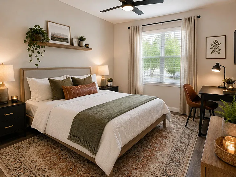 Well-appointed bedroom with a queen bed, ceiling fan, large window, and a dedicated desk workspace for studying or WFH.