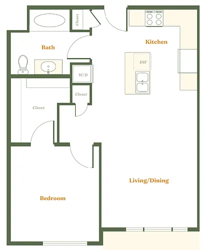 Floor plan 1 Bedroom 1 Bath (B)