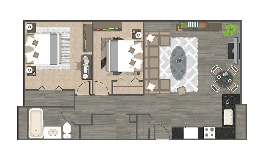 Floor plan Two Bedroom One Bath - The Columbia