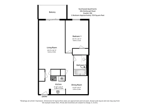 Floor plan 1 Bed 1 Bath A