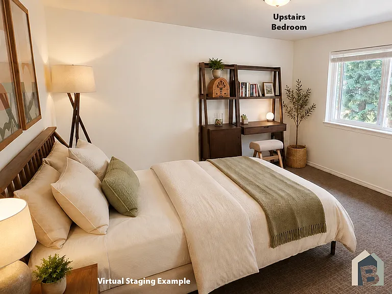2nd floor large bedroom with view of lawn and mature evergreen trees and double closet