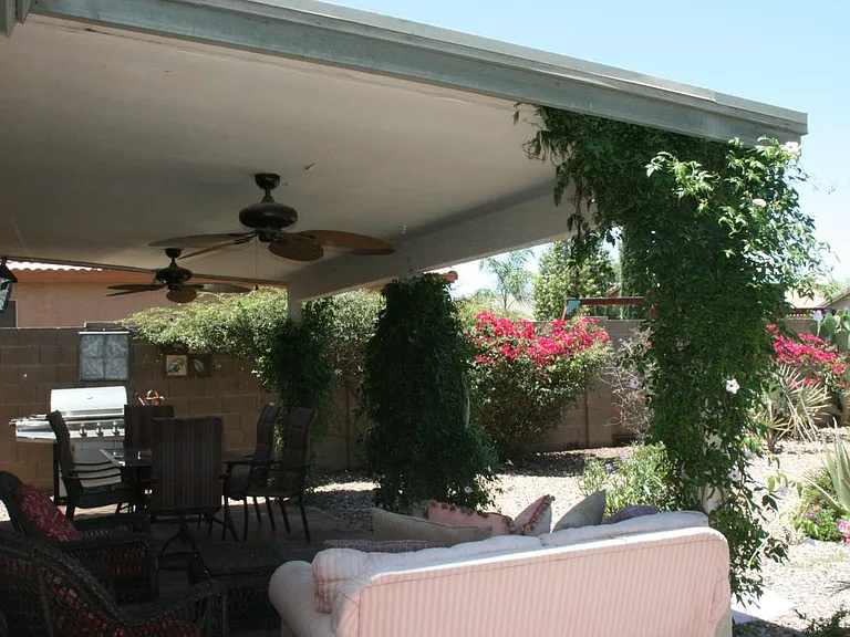 Arizona backyard with flowers blooming year round plus citru