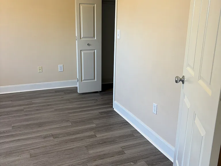 Looking into the bedroom, closet door open.